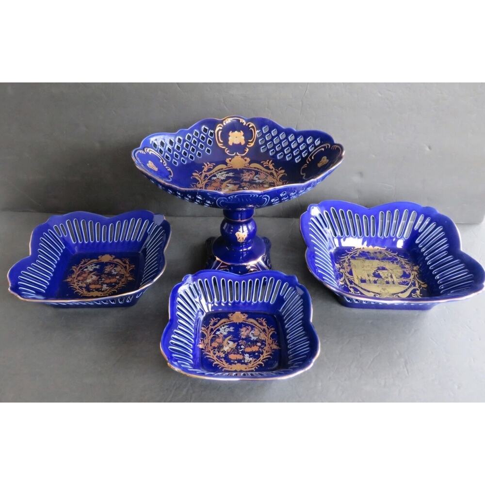 Vintage Cobalt Blue Reticulated Bowl Set w/ Pedestal Compote Gold Trim Porcelain
